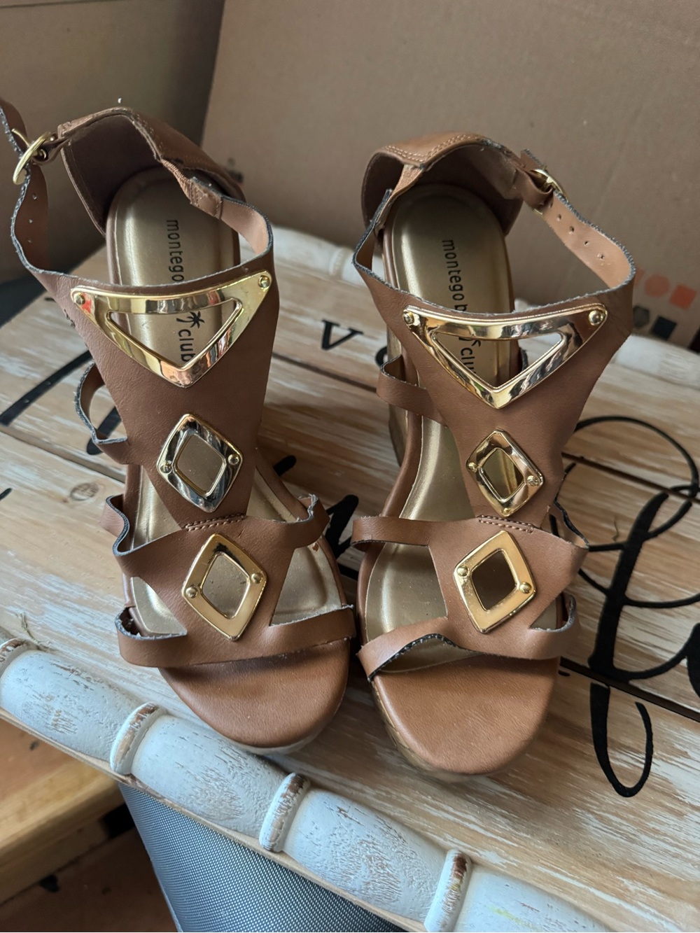 Montego Bay Club Brown Wedge Sandals with Gold Trim